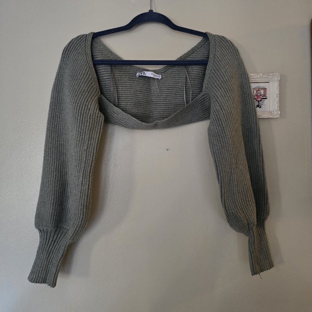 Zara Gray Shrug Sweater with Open Front Design